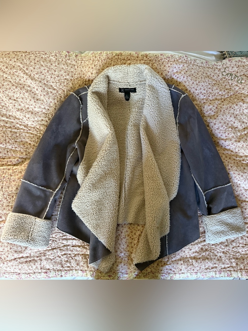INC International Concepts Gray Faux Suede Teddy Jacket with Cream Sherpa